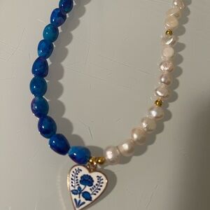 Blue and White Beaded Heart Pendant Necklace